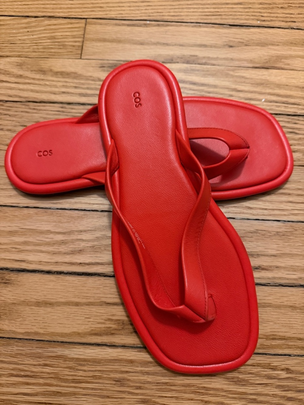 COS Red Leather Square-Toe Thong Sandals